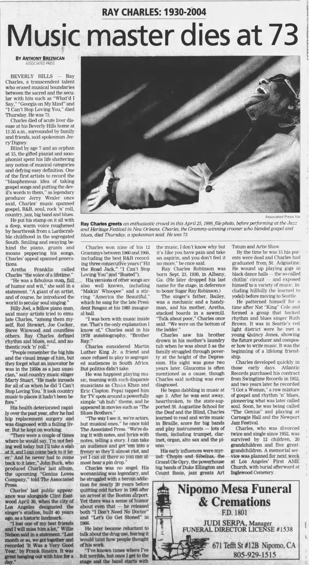Ray Charles AP Obit - June 11, 2004